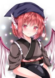 Rule 34 | 1girl, animal ears, bad id, bad pixiv id, bird ears, bird wings, blue headwear, blush, breasts, brown robe, closed mouth, danmaku, feathered wings, gradient background, hair scarf, highres, holding, holding tray, looking at viewer, mystia lorelei, nanase nao, obi, okamisty, pink eyes, pink hair, robe, sash, short hair, small breasts, smile, solo, touhou, tray, upper body, wings