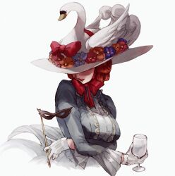 Rule 34 | 1girl, ace attorney, alcohol, animal, bird, breasts, cup, drill hair, evil smile, flower, gloves, hat, hat flower, highres, holding, holding cup, holding mask, jezaille brett, large breasts, lips, lipstick, long sleeves, makeup, mask, orange flower, orange hair, pink lips, pink ribbon, purple flower, red flower, ribbon, saichuu (more1208), shaded face, smile, solo, swan, the great ace attorney, tri drills, white background, white gloves