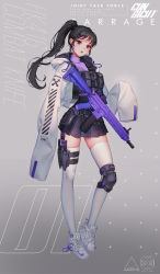 Rule 34 | 1girl, artist name, assault rifle, belt, black hair, brown eyes, coat, combat knife, eyelashes, grey background, gun, h&amp;k hk416, highres, hood, hood down, knee pads, knife, lips, long hair, long sleeves, looking at viewer, love cacao, nike (company), open mouth, original, ponytail, rifle, sheath, shoelaces, shoes, simple background, skirt, sneakers, solo, standing, thighhighs, vest, weapon