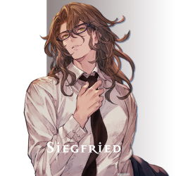 Rule 34 | 1boy, adjusting clothes, adjusting necktie, brown eyes, brown hair, closed mouth, collared shirt, glasses, granblue fantasy, highres, long hair, looking at viewer, male focus, minaba hideo, necktie, official alternate costume, official art, shirt, siegfried (granblue fantasy), smile, solo, upper body, white shirt