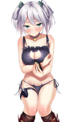 Rule 34 | 10s, 1girl, alternate costume, bad id, bad pixiv id, bare shoulders, bell, black panties, blush, boots, breasts, cat cutout, cat ear panties, cat lingerie, choker, ciel alencon, cleavage, cleavage cutout, closed mouth, clothing cutout, collarbone, cross-laced clothes, cross-laced legwear, folded hair, frills, god eater, god eater 2: rage burst, green eyes, hair ribbon, heirou, jingle bell, kneehighs, large breasts, looking at viewer, meme attire, navel, neck bell, panties, ribbon, short twintails, side-tie panties, silver hair, simple background, sitting, socks, solo, stomach, sweat, thigh strap, twintails, underwear, underwear only, weapon, white background, wrist cuffs