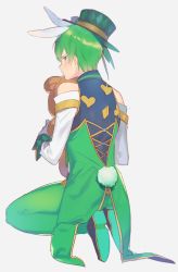 Rule 34 | 10s, 1boy, animal ears, back, bad id, bad pixiv id, bare shoulders, bishounen, blush, closed mouth, cross-laced clothes, diamond (shape), f6 (osomatsu-san), from behind, full body, gloves, green eyes, green hair, green hat, green pants, hat, hat ribbon, heart, heart print, heiwa (murasiho), highres, holding, holding stuffed toy, kemonomimi mode, kneeling, looking at viewer, male focus, matching hair/eyes, matsuno choromatsu, osomatsu-kun, osomatsu-san, pants, playing card theme, print headwear, profile, rabbit ears, rabbit tail, ribbon, shoe soles, simple background, solo, stuffed animal, stuffed toy, sweat, tail, tailcoat, teddy bear, top hat, white gloves, wrist cuffs