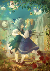 Rule 34 | 5girls, absurdres, blue bow, blue eyes, blue hair, blue skirt, blue sky, blue vest, blurry, bobby socks, bokeh, bow, brown footwear, cirno, commentary request, daiyousei, dancing, day, depth of field, ekaapetto, eye contact, fairy wings, flower, flying, green eyes, green hair, hair ribbon, holding hands, hand on another&#039;s back, highres, holding, holding flower, interlocked fingers, kedama (touhou), leg lift, looking at another, mary janes, multiple girls, open mouth, outdoors, pillar, poppy (flower), red hair, ribbon, shoes, short hair, side ponytail, skirt, skirt set, sky, smile, socks, standing, standing on one leg, sunflower fairy (touhou), tombstone, touhou, two side up, vest, water, waterfall, white legwear, wings, yellow bow, yuri