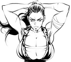 Rule 34 | 1girl, armpits, arms behind head, breasts, cleavage, huge breasts, looking at viewer, monochrome, muscular, muscular female, ponytail, simple background, solo, sweatdrop, white background, yves bigerel
