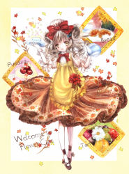 Rule 34 | 1girl, :o, ankleband, apron, black footwear, blue bow, blueberry, blush, bow, bowtie, brown eyes, cherry, commentary request, corsage, crescent, cup, curly hair, dress, english text, floral print, flower, food, frilled apron, frilled bow, frilled dress, frilled shirt collar, frilled sleeves, frills, fruit, full body, grey hair, hair bow, heart-shaped food, highres, himemurasaki, horns, lace, lolita fashion, maid headdress, original, pantyhose, picture frame, plate, pudding, puffy short sleeves, puffy sleeves, red bow, red bowtie, saucer, sheep horns, shoes, short sleeves, solo, standing, tart (food), teacup, teapot, vase, white pantyhose, wrist cuffs