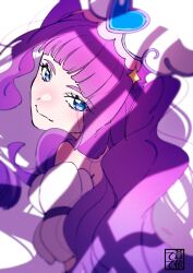 Rule 34 | 1girl, aoi tete, aqua eyes, artist logo, closed mouth, clothing cutout, cure majesty, ellee-chan, head tilt, highres, hirogaru sky! precure, long hair, looking at viewer, looking back, magical girl, precure, purple hair, short sleeves, shoulder cutout, smile, solo, two side up, wing hair ornament