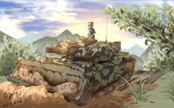 Rule 34 | 1girl, absurdres, blonde hair, blue sky, chinese commentary, cloud, commentary request, dated, full body, highres, kurodani yamame, military vehicle, motor vehicle, mountainous horizon, outdoors, pzgr.40, short hair, signature, sky, solo, tank, touhou, vehicle request, wide shot