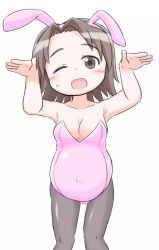Rule 34 | 10s, 1girl, ;d, animal ears, arms up, big belly, blush, breasts, brown eyes, brown hair, com6, eyebrows, fake animal ears, girls und panzer, highres, leotard, one eye closed, open mouth, pantyhose, playboy bunny, pregnant, rabbit ears, sawa azusa, smile, solo