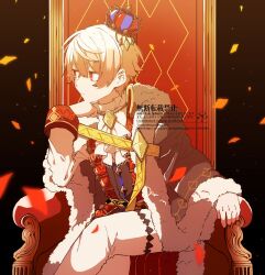 Rule 34 | 1boy, ascot, bad id, bad twitter id, belt, black background, black cape, cape, closed mouth, crown, expressionless, fur-trimmed cape, fur trim, gloves, highres, jacket, looking to the side, male focus, pants, project sekai, sitting, solo, tenma tsukasa, throne, tsurushiage999, white ascot, white gloves, white jacket, white pants, wonder magical showtime! (project sekai), yellow gemstone