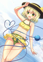 Rule 34 | 1girl, absurdres, alternate costume, arm up, bikini, black hat, blonde hair, blue sky, blush, breasts, cloud, commentary request, cowboy shot, day, eyeball, floral print, frilled bikini, frills, green bikini, green eyes, hair between eyes, hand on headwear, hat, hat ribbon, heart, heart of string, highres, komeiji koishi, ocean, open mouth, outdoors, ribbon, sachisudesu, short hair, sky, small breasts, solo, string, swimsuit, third eye, touhou, water, wavy hair, wet, yellow ribbon