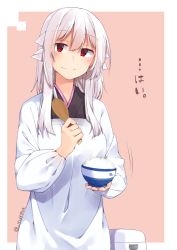 Rule 34 | 1girl, adyisu, altair floone, apron, black kimono, blush, bowl, closed mouth, commentary request, hair between eyes, holding, holding bowl, japanese clothes, kappougi, kimono, long hair, original, red eyes, rice bowl, rice cooker, shamoji, silver hair, smile, solo, translation request, twitter username, wooden spoon