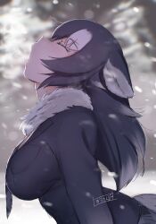 Rule 34 | 1girl, animal ears, black hair, black jacket, blurry, blurry background, breast pocket, breasts, breath, closed eyes, commentary, ears down, from side, fur collar, grey wolf (kemono friends), highres, howling, impossible clothes, jacket, kemono friends, large breasts, long hair, long sleeves, masuyama ryou, multicolored hair, necktie, open mouth, pocket, profile, snow, snowing, solo, two-tone hair, white hair, winter, wolf ears, wolf girl