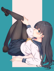 Rule 34 | 1girl, arm support, bad id, bad pixiv id, black hair, black pantyhose, blue eyes, blush, highres, knees up, kyuuso inukami, leg up, legs, loafers, long hair, looking at viewer, looking back, lying, neckerchief, on back, open mouth, original, pantyhose, pleated skirt, school uniform, serafuku, shoes, skirt, solo