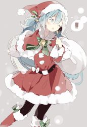 Rule 34 | !, 1girl, ;o, aqua eyes, aqua hair, bell, belt, black pantyhose, boots, christmas, collar, fur, fur trim, hat, hatsune miku, holly, knee boots, long hair, long sleeves, looking to the side, neck bell, one eye closed, open mouth, over shoulder, pantyhose, red footwear, red skirt, ribbon, sack, santa boots, santa costume, santa hat, simple background, skirt, solo, star (symbol), twintails, vocaloid, youshun (sugafo)