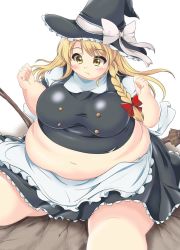 Rule 34 | 1girl, braid, breaking, breasts, clenched hands, crushing, fat, fat rolls, female focus, frown, hat, highres, kirisame marisa, kurokaze no sora, large breasts, long hair, meat day, navel, obese, simple background, single braid, solo, thick arms, touhou, undersized clothes, witch hat, yellow eyes