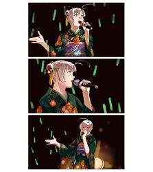 Rule 34 | 1girl, 3koma, absurdres, antenna hair, closed eyes, comic, commentary request, floral print, glowstick, green eyes, green kimono, grey hair, hair bun, highres, holding, holding microphone, japanese clothes, kantai collection, kimono, kinugasa (kancolle), microphone, music, official alternate costume, ojipon, open mouth, print kimono, short hair, silent comic, singing, solo, upper body