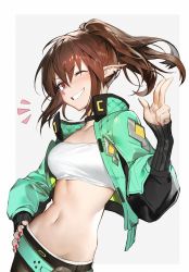 Rule 34 | 1girl, astrid remond, bandeau, belt, black choker, black jacket, black pants, blush, border, breasts, brown hair, choker, cocaloh, collarbone, contrapposto, cowboy shot, cropped jacket, earrings, facing viewer, green background, green belt, green jacket, grey background, grin, hand on own hip, hand up, high ponytail, highres, jacket, jewelry, long hair, long sleeves, looking at viewer, lord of heroes, medium breasts, midriff, multicolored clothes, multicolored jacket, nail polish, navel, one eye closed, open clothes, original, outside border, pants, pointy ears, ponytail, red eyes, red nails, simple background, sleeves past elbows, smile, solo, stomach, strapless, striped sleeves, tube top, two-tone jacket, white background, white border, wink