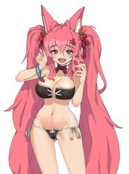 Rule 34 | 1girl, absurdres, animal ear fluff, animal ears, bikini, blush, bracelet, breasts, cellphone, choker, cleavage, commission, fang, food-themed hair ornament, food themed hair ornament, fox ears, hair ornament, highres, jewelry, large breasts, long hair, looking at viewer, mole, mole on breast, navel, open mouth, phone, pink hair, red eyes, romana, selfie, side-tie bikini bottom, skin fang, smartphone, smile, solo, standing, strapless, strapless bikini, strawberry hair ornament, swimsuit, twintails, unfinished, very long hair