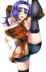 Rule 34 | 1girl, absurdres, ahoge, armpits, bike shorts, black thighhighs, breasts, fire emblem, fire emblem: path of radiance, green eyes, headband, highres, large breasts, leg up, looking at viewer, mia (fire emblem), nintendo, open mouth, purple hair, simple background, split, spread legs, standing, standing on one leg, stretching, tagme, thighhighs, tiamat (momokuri mannen), white headband