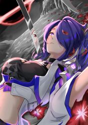 Rule 34 | 1girl, absurdres, acheron (honkai: star rail), black choker, breasts, choker, commentary, crop top, flower, highres, honkai: star rail, honkai (series), large breasts, laughy88, long hair, long sleeves, looking at viewer, lying, midriff, on back, parted lips, petals, purple eyes, purple hair, red flower, reflection, solo, stomach, upper body, very long hair