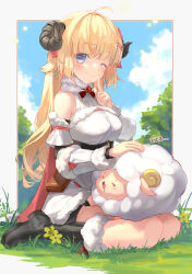 Rule 34 | 1girl, ahoge, animal, animal ears, animal on lap, belt pouch, black footwear, black skirt, blonde hair, boots, bow, bowtie, breasts, brooch, cape, detached sleeves, dress, empire waist, finger to mouth, full body, fur-trimmed boots, fur-trimmed cape, fur-trimmed dress, fur-trimmed sleeves, fur trim, hair ornament, hairclip, highres, hololive, horns, index finger raised, jewelry, kyou-chan, large breasts, long hair, miniskirt, on lap, one eye closed, outdoors, pink cape, pleated skirt, pouch, purple eyes, red bow, red bowtie, sheep, sheep ears, sheep girl, sheep horns, short dress, shushing, skirt, skirt under dress, sleeveless, sleeveless dress, tsunomaki watame, tsunomaki watame (1st costume), underbust, very long hair, virtual youtuber, watamate, white dress