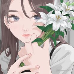 Rule 34 | 1girl, blue eyes, brown hair, closed mouth, commentary, fingernails, flower, hair over shoulder, holding, holding flower, leaf, lily (flower), lips, long hair, looking at object, nail polish, original, pink lips, pink nails, shirt, solo, strap, twitter username, upper body, white flower, white lily, white shirt, yuum1709