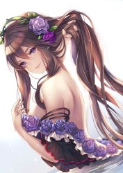 Rule 34 | 1girl, aoi (kirabosi105), back, bare shoulders, blush, breasts, brown hair, dress, flower, granblue fantasy, hair between eyes, hair flower, hair ornament, hairband, hand in own hair, hand up, highres, jewelry, large breasts, long hair, looking at viewer, off shoulder, purple eyes, purple flower, purple rose, ripples, rose, rosetta (granblue fantasy), shoulder blades, sidelocks, smile, solo, very long hair, wading