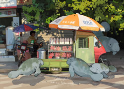 Rule 34 | 1boy, absurdres, animal, animal focus, black hair, bottle, bubble tea, car, cup, dappled sunlight, disposable cup, drink, floating, food stand, highres, holding, holding cup, holding drink, kimey, manatee, motor vehicle, motorcycle, original, outdoors, scenery, shop, short hair, signature, storefront, sunlight, surreal, translation request, truck, umbrella