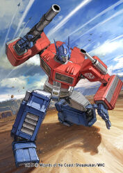 Rule 34 | aircraft, airplane, autobot, blue eyes, cloud, contrail, desert, fighter jet, gun, highres, holding, holding gun, holding weapon, jet, mecha, military vehicle, no humans, official art, on one knee, optimus prime, robot, rock, shadow, sky, solo, takayama toshiaki, transformers, weapon