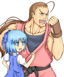 Rule 34 | 1boy, 1girl, ahoge, blue eyes, blue hair, bow, brown eyes, brown hair, capcom, cirno, clenched hand, crossover, haty, hibiki dan, street fighter, street fighter iv (series), embodiment of scarlet devil, touhou
