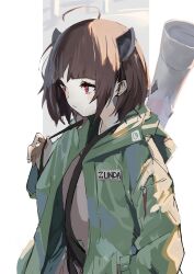 Rule 34 | 1girl, :/, ahoge, alternate costume, blade, blush, brown hair, brown kimono, commentary request, expressionless, food print, from side, green jacket, hand in pocket, hand up, headgear, highres, holding strap, hood, hood down, hooded jacket, jacket, jacket over kimono, japanese clothes, kimono, long sleeves, looking ahead, medium hair, outside border, pillarboxed, pocche-ex, red eyes, rocket launcher, romaji text, solo, touhoku kiritan, upper body, voiceroid, weapon, zunda mochi