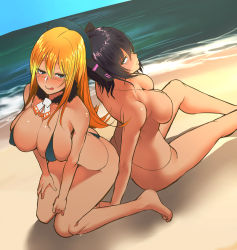 Rule 34 | 10s, 2girls, :q, ass, atago (kancolle), back-to-back, barefoot, beach, bikini, black hair, blonde hair, blue eyes, blush, breasts, cleavage, covered erect nipples, day, dutch angle, hat, headgear, highres, kantai collection, kayumidome, large breasts, licking lips, long hair, looking at viewer, multiple girls, naughty face, nude, short hair, sitting, sketch, slingshot swimsuit, smile, swimsuit, tenryuu (kancolle), thong, thong bikini, tongue, tongue out
