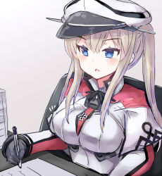 Rule 34 | 10s, 1girl, black gloves, blonde hair, blue eyes, breasts, commentary request, cross, eyebrows, gloves, graf zeppelin (kancolle), hair between eyes, hat, iron cross, kantai collection, large breasts, long hair, military, military hat, military uniform, nonon (xenonbot), paper, peaked cap, pen, solo, uniform