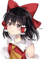 Rule 34 | 1girl, ascot, bare shoulders, black hair, blush, bow, brown eyes, collarbone, commentary request, detached sleeves, frilled shirt collar, frills, hair between eyes, hair bow, hair tubes, hakurei reimu, head tilt, looking at viewer, raki (for03ge), red bow, short hair, sidelocks, simple background, smile, solo, touhou, upper body, white background, yellow ascot