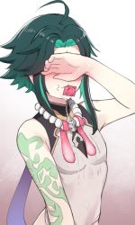 Rule 34 | 1boy, ahoge, bare shoulders, bead necklace, beads, blush, bread, closed mouth, condom, condom belt, condom in mouth, condom necklace, condom wrapper, covering own eyes, cum, cum on clothes, facial, facial mark, food, genshin impact, green hair, jewelry, k0ng, light green hair, male focus, mouth hold, multicolored hair, necklace, solo, stray pubic hair, streaked hair, tattoo, turtleneck, used condom, xiao (genshin impact)