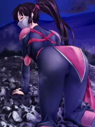 Rule 34 | 1girl, all fours, armor, artist request, ass, bodysuit, breasts, brown eyes, from behind, hair ribbon, inuyasha, long hair, looking at viewer, looking back, mask, night, ponytail, purple hair, ribbon, sango (inuyasha), sideboob, skin tight, small breasts, solo