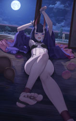Rule 34 | 1girl, arms up, bare shoulders, bob cut, breasts, collarbone, eyeliner, fate/grand order, fate (series), feet, full moon, gourd, headpiece, highres, horns, japanese clothes, kimono, legs, long sleeves, looking at viewer, lying, makeup, moon, night, night sky, on back, oni, open mouth, purple eyes, purple hair, purple kimono, revealing clothes, shirakawafel, short hair, shuten douji (fate), skin-covered horns, sky, small breasts, smile, soles, solo, thighs, toes, wide sleeves