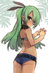 Rule 34 | 1girl, ass, bad id, bad twitter id, bare shoulders, collar, dimples of venus, flat chest, from behind, green eyes, green hair, hair ribbon, k (li), long hair, looking back, matching hair/eyes, own hands together, pointy ears, ribbon, short shorts, shorts, sketch, solo, strapless, tube top