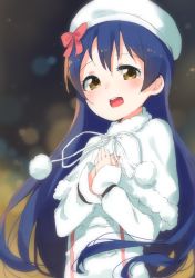 Rule 34 | 1girl, blue hair, blush, commentary request, detached sleeves, fur trim, hair between eyes, hands on own chest, hat, long hair, looking at viewer, love live!, love live! school idol project, open mouth, ribbon, smile, snow halation, solo, sonoda umi, tofu1601, upper body, yellow eyes