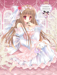 Rule 34 | 1girl, barefoot, breasts, brown hair, cleavage, detached sleeves, dress, frilled dress, frills, jewelry, kirishima riona, large breasts, long hair, looking at viewer, necklace, original, red eyes, solo, stuffed animal, stuffed rabbit, stuffed toy, veil, wedding, wedding dress