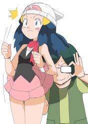 Rule 34 | 1boy, 1girl, assisted exposure, blue eyes, blue hair, clothes lift, conway (pokemon), creatures (company), dawn (pokemon), game freak, green hair, hainchu, looking at ass, nintendo, pokemon, simple background, skirt, skirt lift, surprised