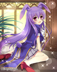 Rule 34 | 1girl, angelmaster, animal ears, bad id, bad pixiv id, rabbit ears, rabbit tail, harimoji, high heels, holding, long hair, looking at viewer, official art, open mouth, original, pleated skirt, pocket watch, purple eyes, purple hair, sitting, skirt, solo, sparkle, tail, watch