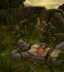 Rule 34 | 1boy, armor, dark souls (series), dark souls i, flower, grass, helmet, highres, leaf, male focus, outdoors, plant, resting, ruins, sleepysolaire, solaire of astora, stone wall, sword, tabard, wall, weapon, white flower