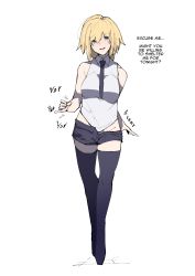 Rule 34 | 1girl, :d, absurdres, bare shoulders, black thighhighs, blonde hair, blue eyes, blush, fate/apocrypha, fate (series), groin, handjob gesture, hard-translated, highres, jeanne d&#039;arc (fate), jeanne d&#039;arc (ruler) (fate), jikatarou, long hair, looking at viewer, necktie, open mouth, sexually suggestive, shorts, smile, solo, teeth, thighhighs, third-party edit, translated