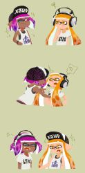 Rule 34 | !?, 2girls, ^^^, beamed sixteenth notes, closed eyes, comic, commentary request, cosplay, costume switch, dark-skinned female, dark skin, fangs, frown, hand on own chin, hand on own hip, hat, headphones, highres, inkling, inkling (language), inkling girl, inkling player character, lifting another&#039;s clothes, looking down, mask, mori no ji, multiple girls, musical note, nintendo, one eye closed, orange eyes, orange hair, pink eyes, pink hair, shirt, simple background, smile, spoken interrobang, surprised, tank top, tentacle hair, undershirt, white shirt, wristband