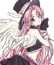 Rule 34 | 1girl, angel wings, black gloves, choker, feathered wings, from side, full moon wo sagashite, gloves, hat, kumi (pixiv613849), long hair, looking back, meroko yui, own hands together, pink eyes, pink hair, solo, top hat, white background, white wings, wings