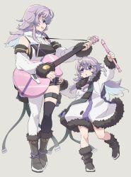 Rule 34 | 2girls, adapted costume, aged down, black footwear, blue hair, boots, braid, colored inner hair, detached sleeves, flute, fur trim, guitar, hair ornament, hairclip, highres, holding, holding flute, holding instrument, instrument, jacket, long hair, meme, multicolored hair, multiple girls, music, nijisanji, nijisanji kr, nun bora, nun bora (1st costume), open mouth, playing instrument, purple hair, purple jacket, recorder, ruo19, single leg pantyhose, single thighhigh, sleeveless, sleeveless jacket, smile, thigh strap, thighhighs, virtual youtuber