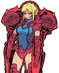 Rule 34 | 1girl, blonde hair, blue eyes, blue leotard, breasts, commentary, cross-section, english commentary, headset, highres, leotard, mackle, mechanical arms, metroid, nintendo, power suit (metroid), samus aran, short hair, simple background, solo, white background