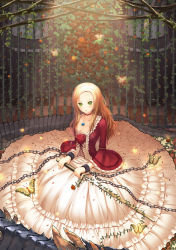 Rule 34 | 1girl, bad id, bad pixiv id, blonde hair, breasts, brown hair, bug, butterfly, chain, chained, chain, checkered floor, choker, cleavage, dress, floor, flower, frills, green eyes, insect, jewelry, long hair, original, pendant, red flower, red rose, ribbon, rose, scales, solo, sword, weapon, yamamoto shima
