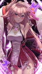 Rule 34 | 1girl, absurdres, animal ears, armpits, arms up, bare shoulders, blush, breasts, detached sleeves, earrings, electricity, floral print, fox ears, genshin impact, hair between eyes, hair ornament, highres, japanese clothes, jewelry, large breasts, long hair, long sleeves, looking at viewer, miko, nail polish, parted lips, pink hair, purple eyes, red nails, sideboob, solo, vitaminechan, wide sleeves, yae miko